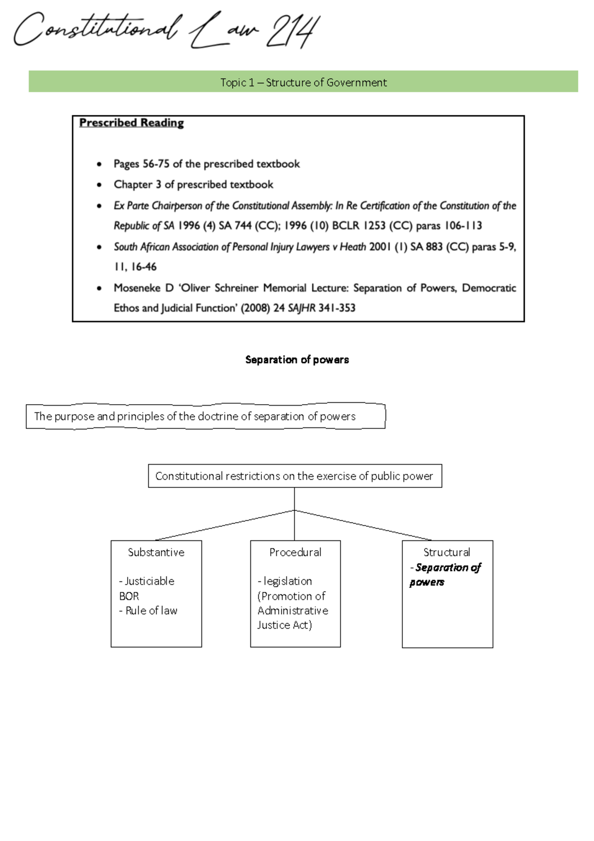 Constitutional Law 214: Comprehensive Study Notes on Separation of ...