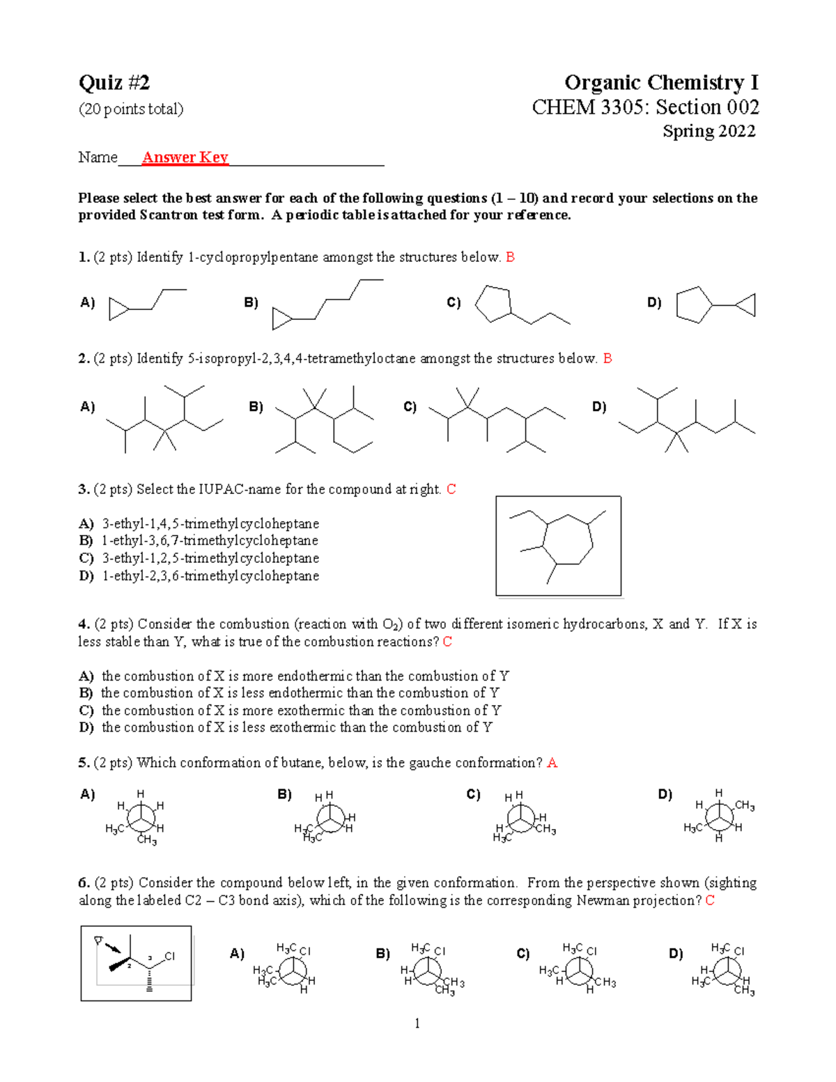 Homework 3 Summer I 2020 Answer Key-1 2 - 1 Quiz #2 Organic Chemistry I ...