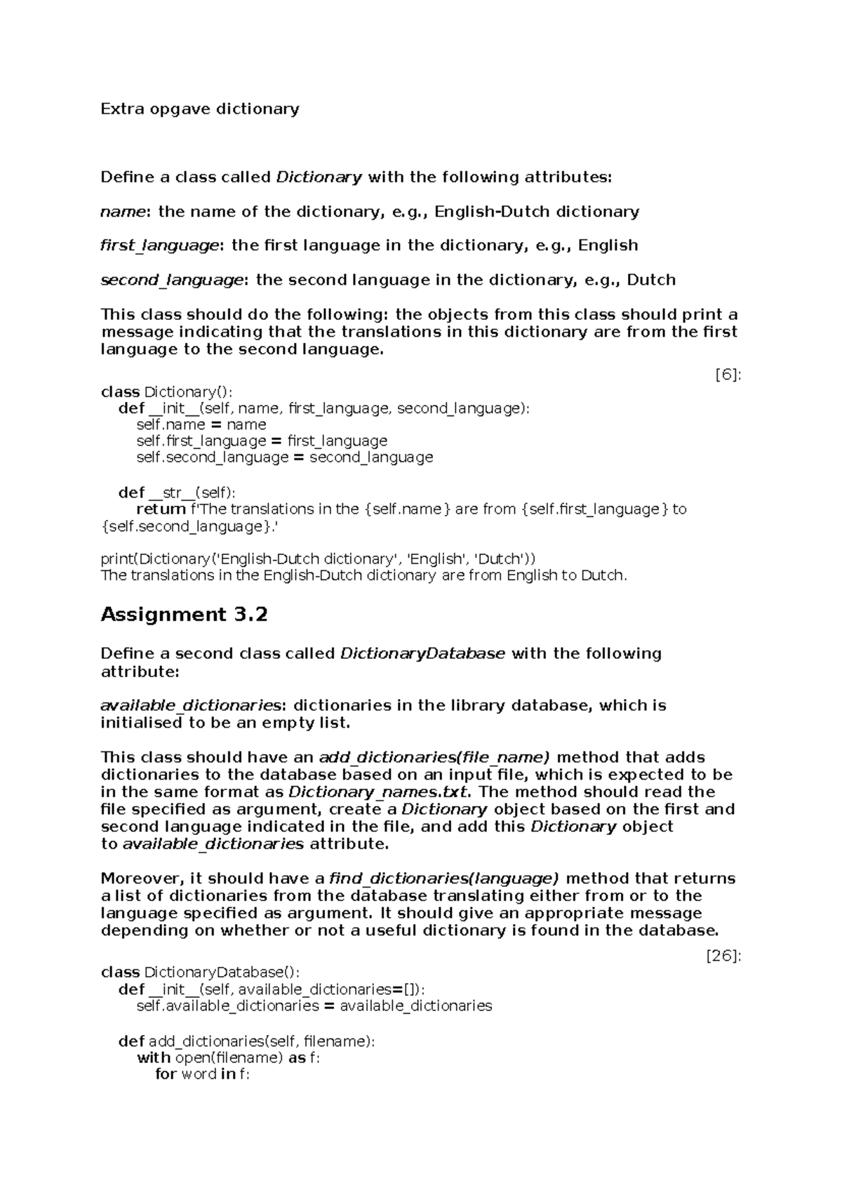 Extra Opgave: Dictionary and DictionaryDatabase Classes in Python ...