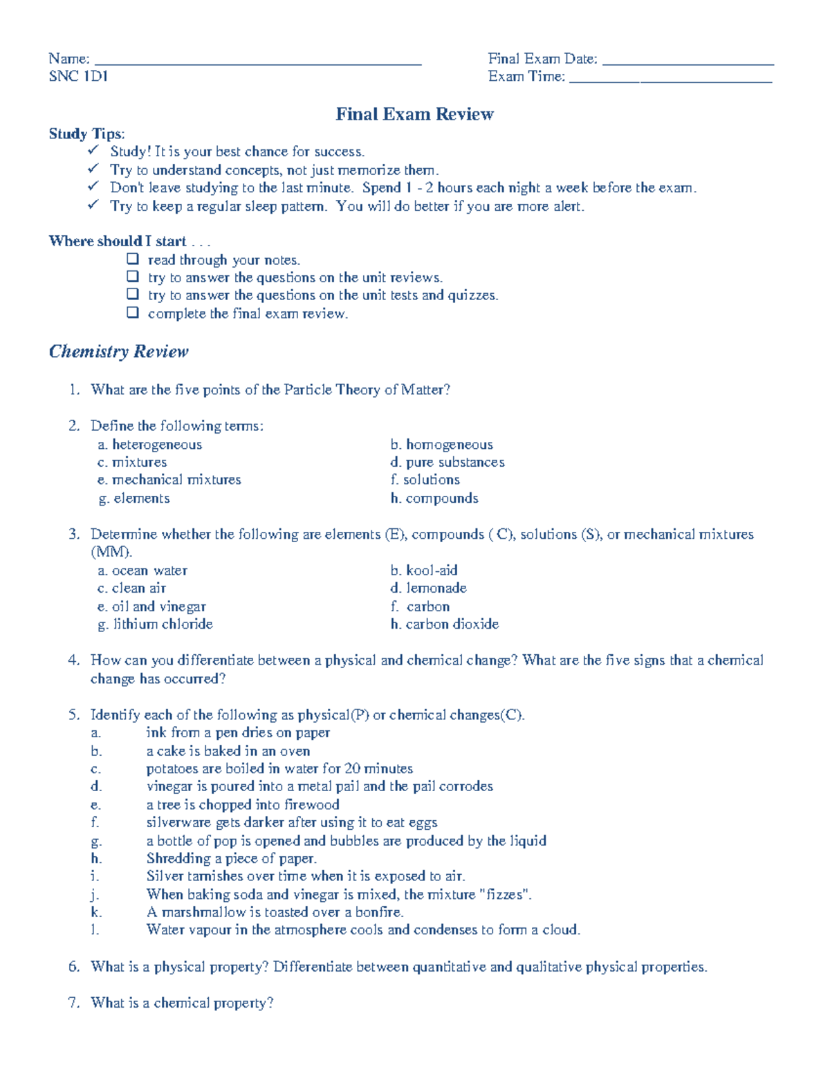 SNC 1D1 Final Exam Review Study Guide - January 2014 - Studocu