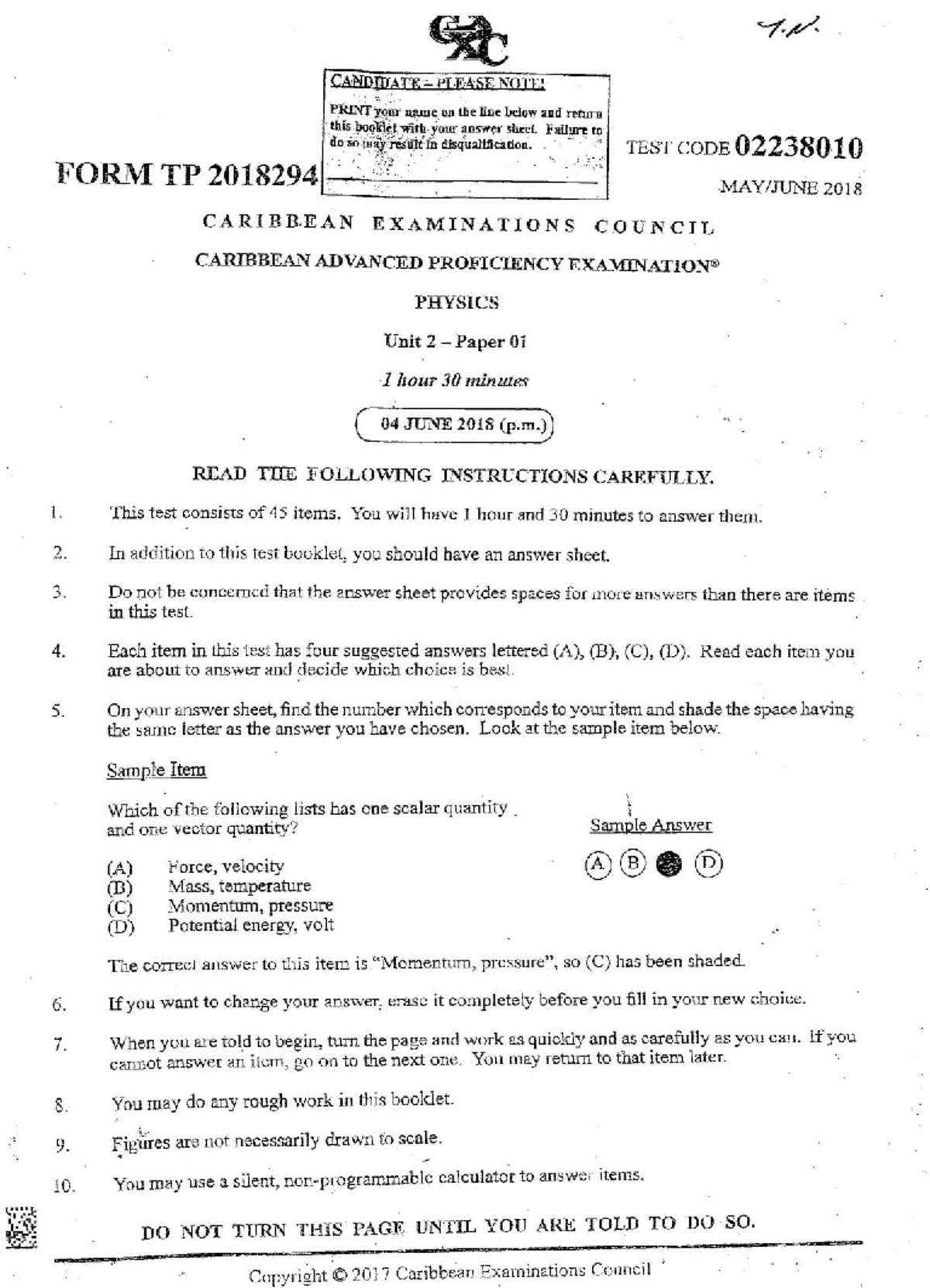 Physics CAPE Unit 2 Paper 01 - June 2018 Exam Instructions - Studocu