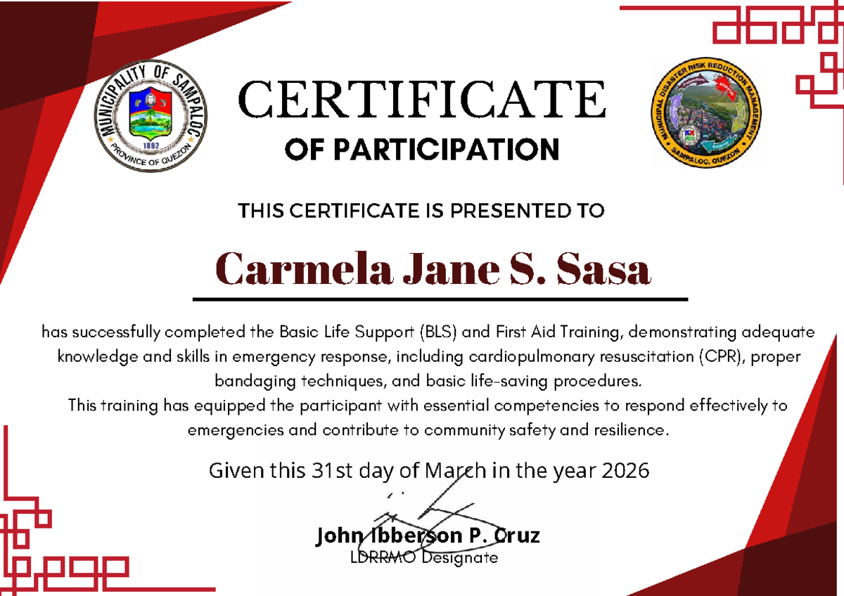 Certificate of Participation: Basic Life Support & First Aid Training ...