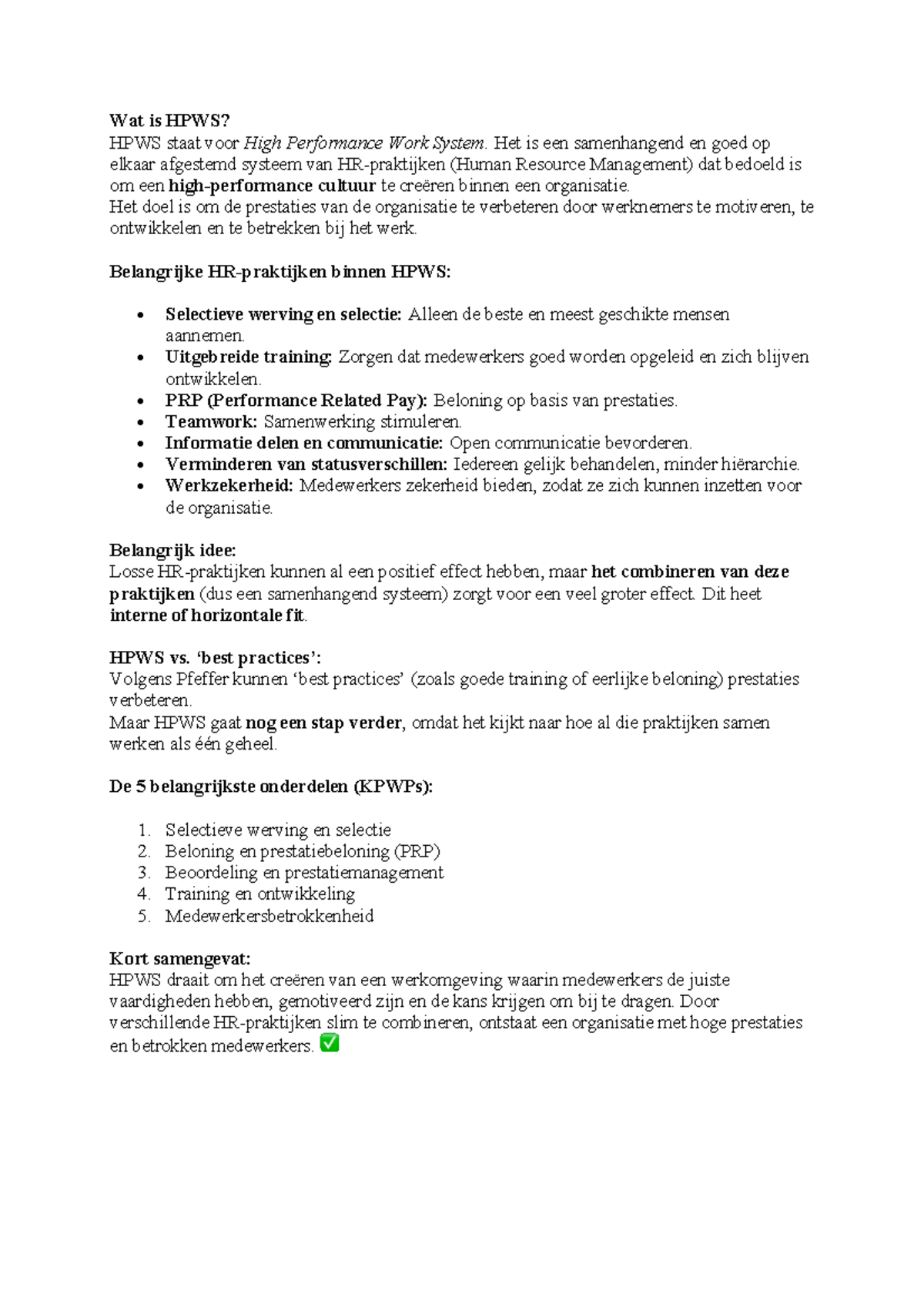 HPWS: High Performance Work System Samenvatting SHRM - Studeersnel