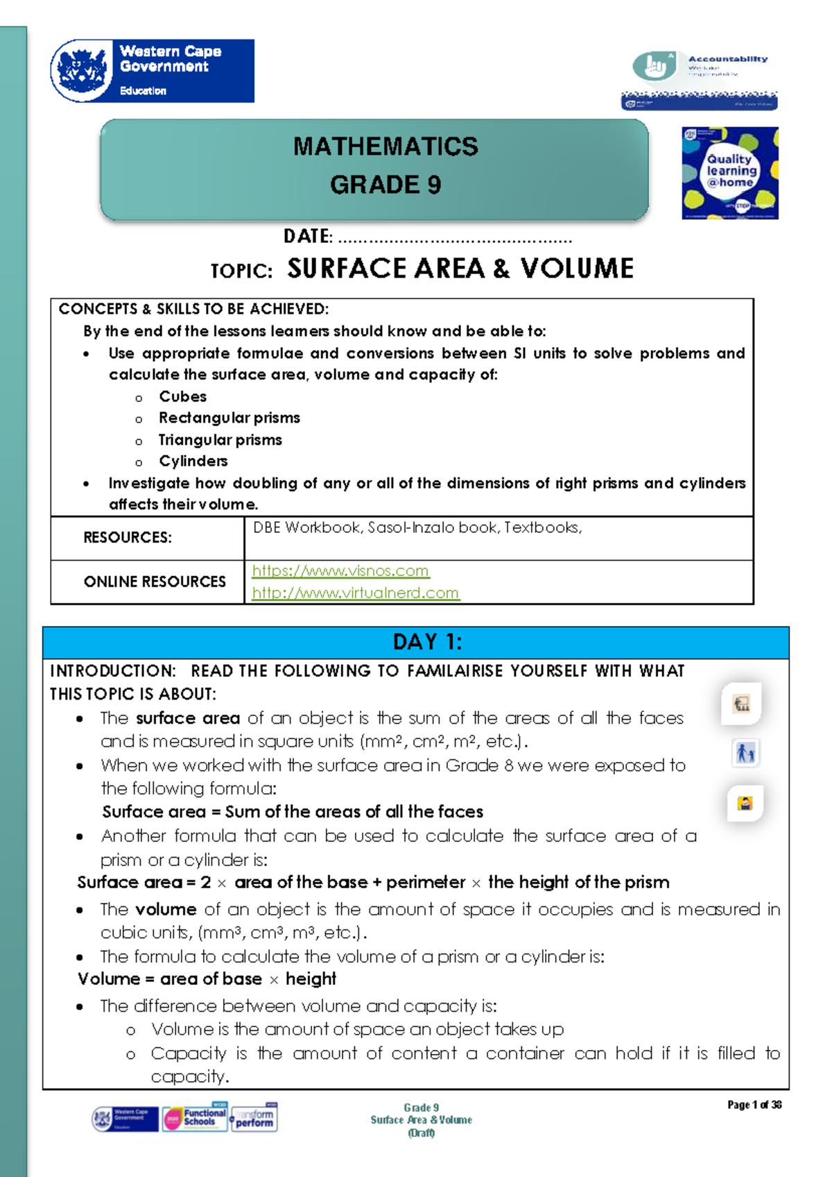 Grade 9 Math Lesson Plan: Surface Area & Volume Concepts - Studocu