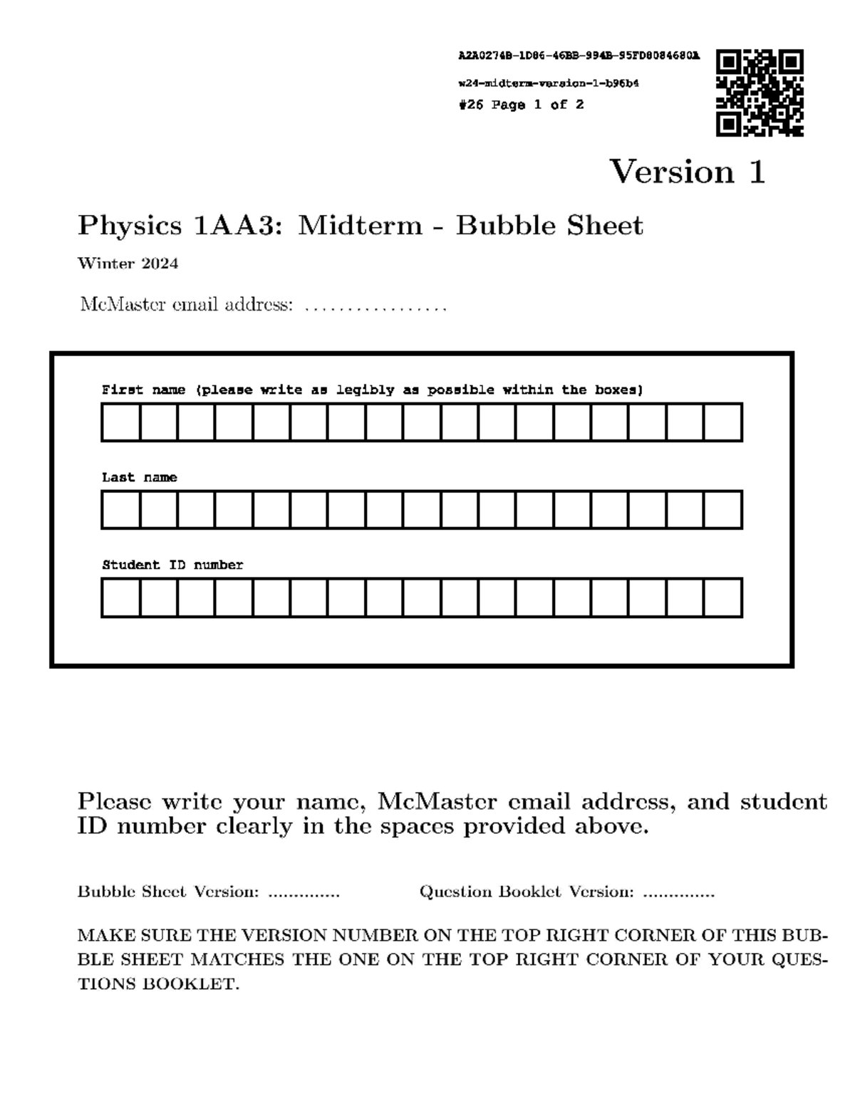 Midterm Sample Answer Sheet for 1AA3 Course - Studocu