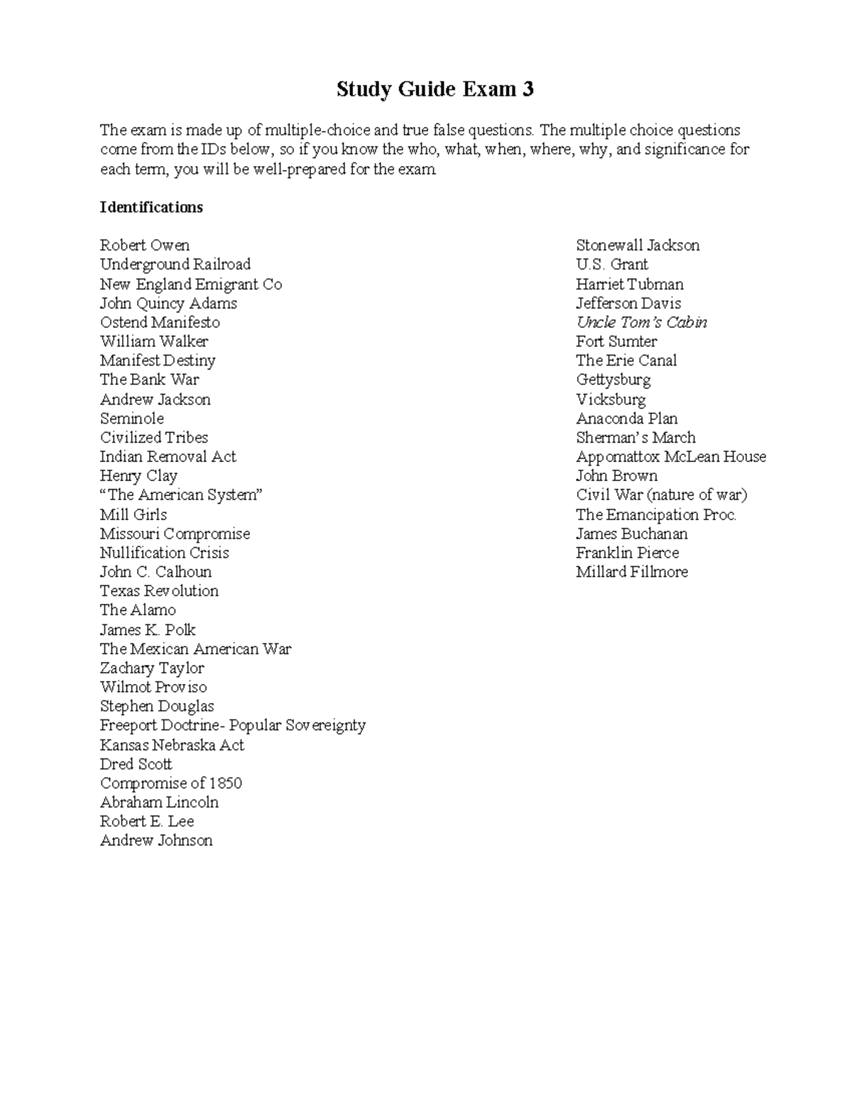 American History 1 Test 3 study guide - Study Guide Exam 3 The exam is ...