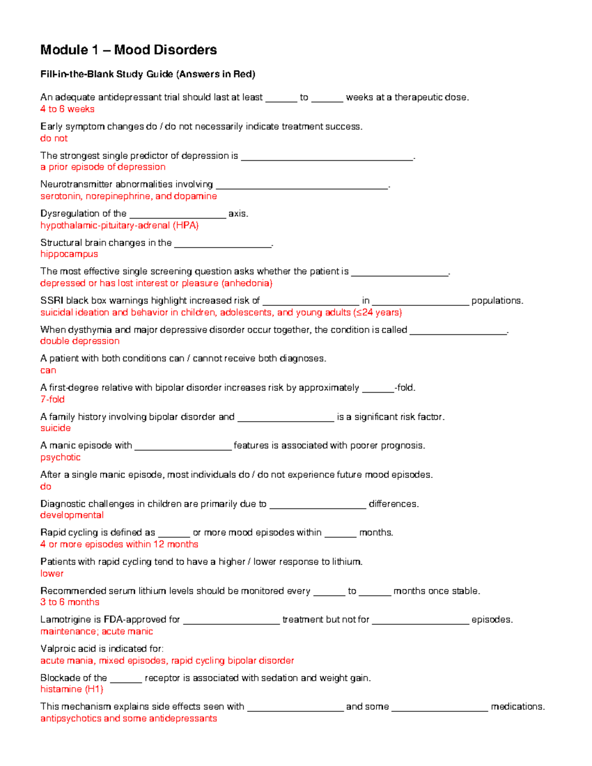 Module 1 Mood Disorders Study Guide (Key Concepts & Answers) - Studocu