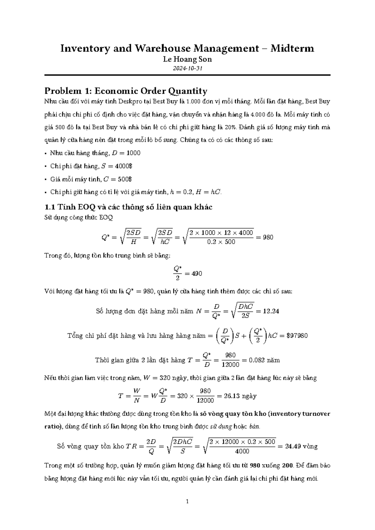 Inventory and Warehouse Management Midterm Exam Analysis and EOQ ...