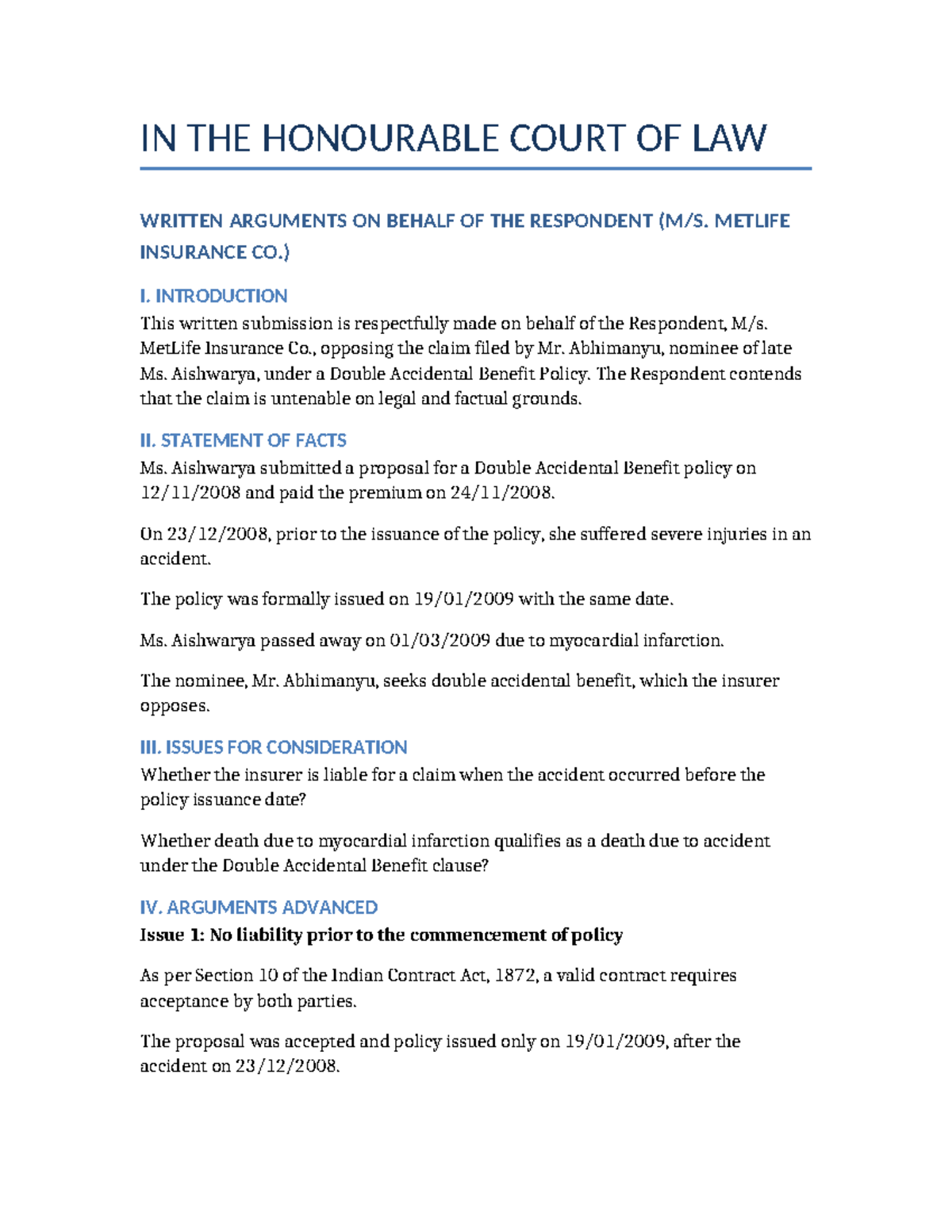 Respondent Written Arguments in MetLife Insurance Co. Case - Studocu