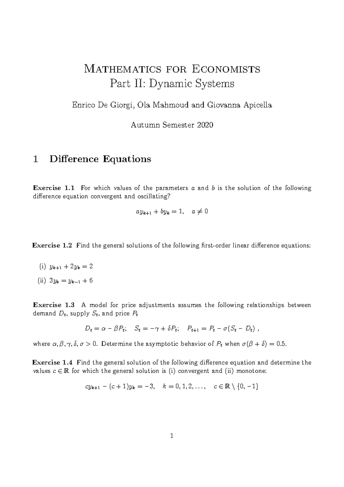 Math Econ Exercises Lecture 4b - Mathematics for Economists Part II ...