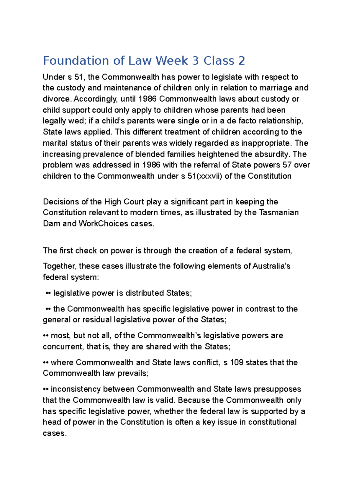 Foundation of Law: Week 3 Class 2 - Custody & Legislative Power - Studocu