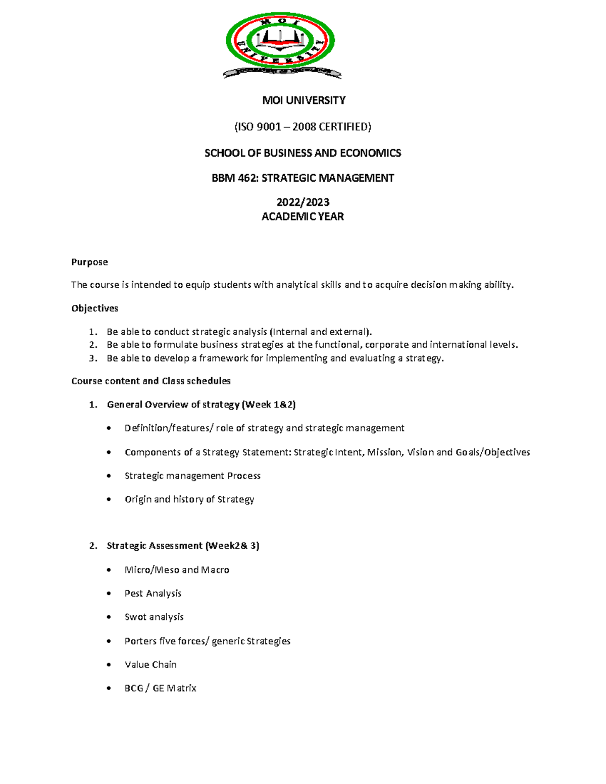 BBM 462: Strategic Management Course Outline and Objectives - Studocu