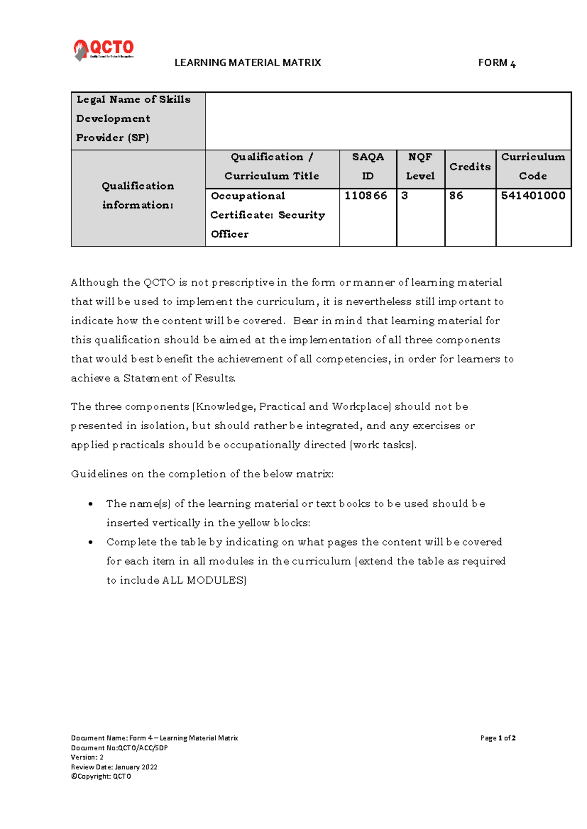 Form 4 Learning Material Matrix for Security Officer Qualification ...