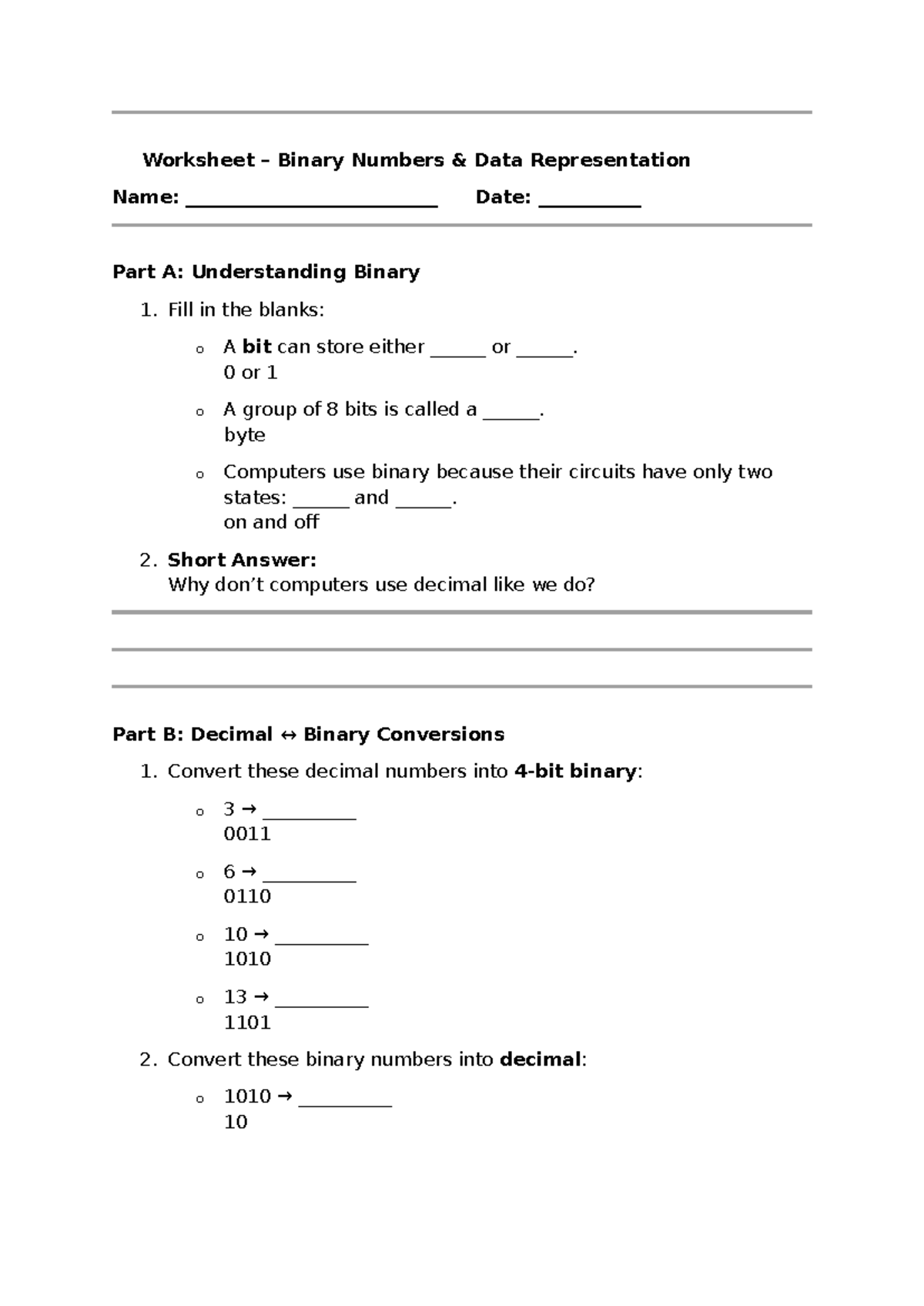 Binary Worksheet (Data Representation) - Answered - Studocu