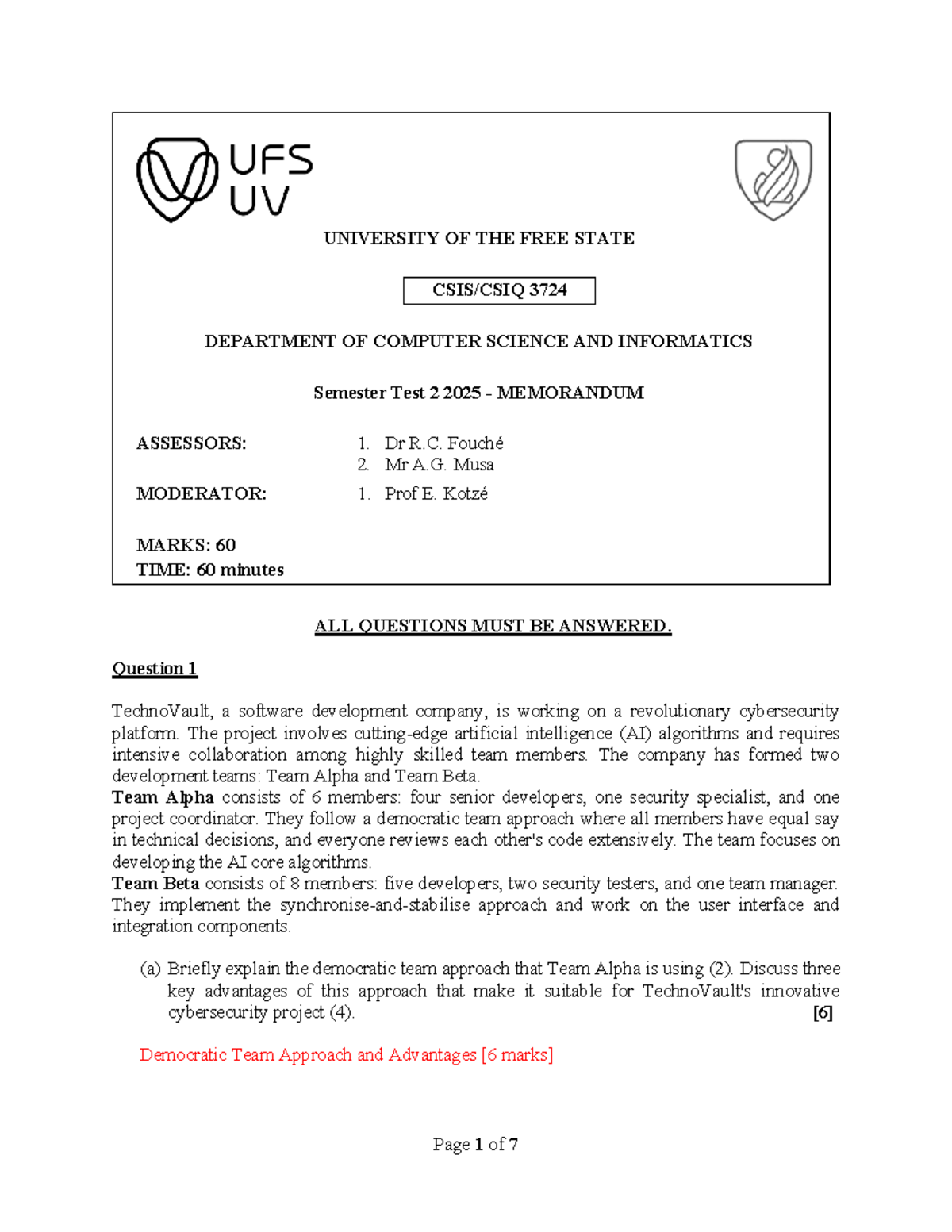 CSIS3724 2025 Semester Test 2 - Memo on Team Approaches and Estimation ...