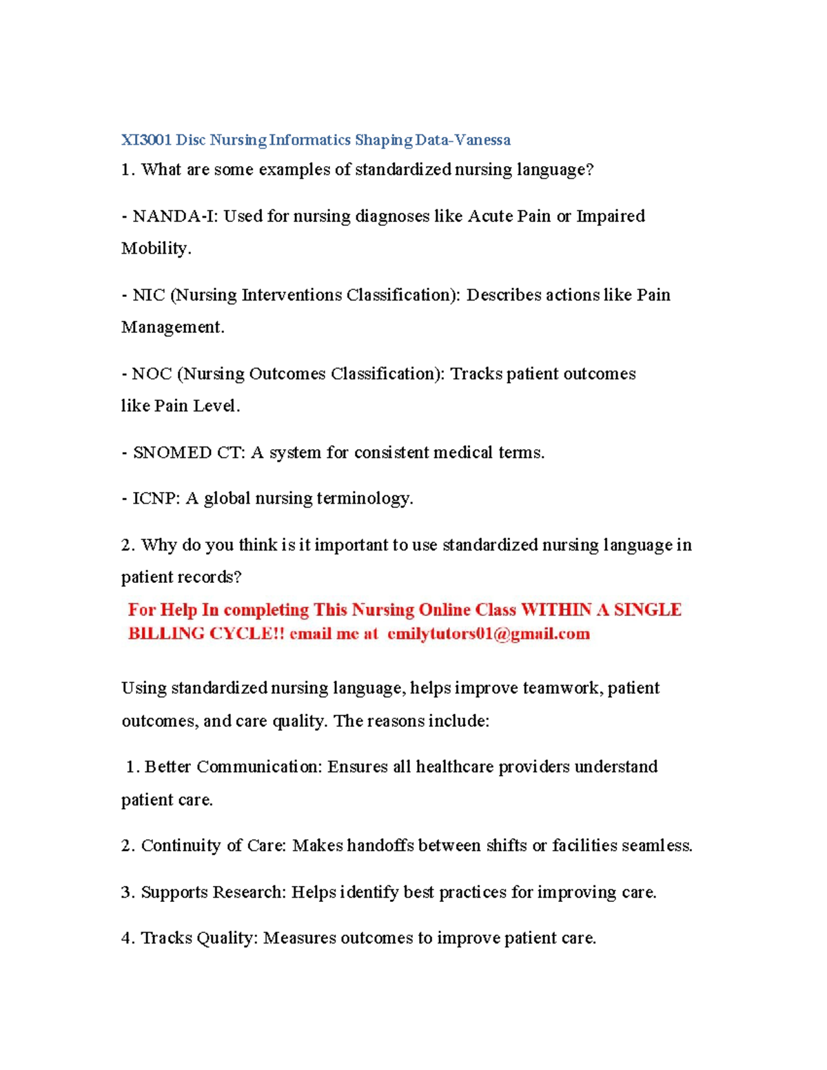XI3001 Disc Nursing Informatics: Importance of Standardized Language ...