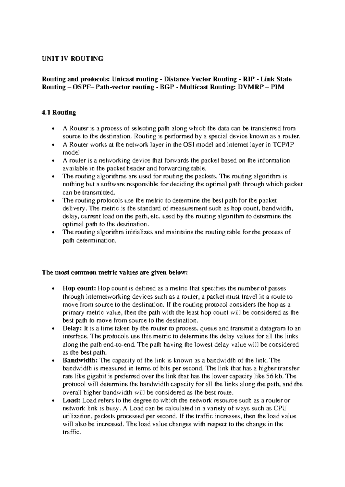 CN UNIT 4 Routing Protocols and Algorithms Notes - Studocu