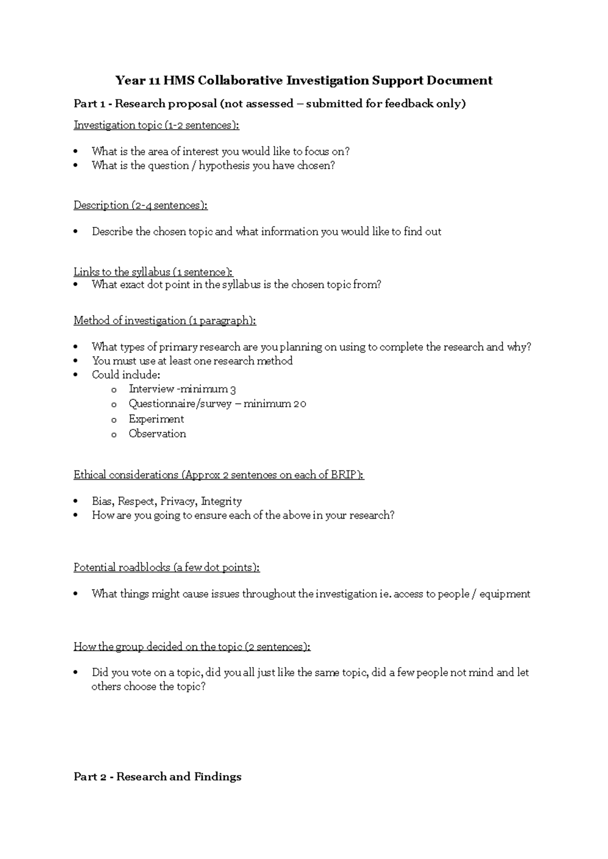 Year 11 HMS Collaborative Investigation Support Document: Research ...