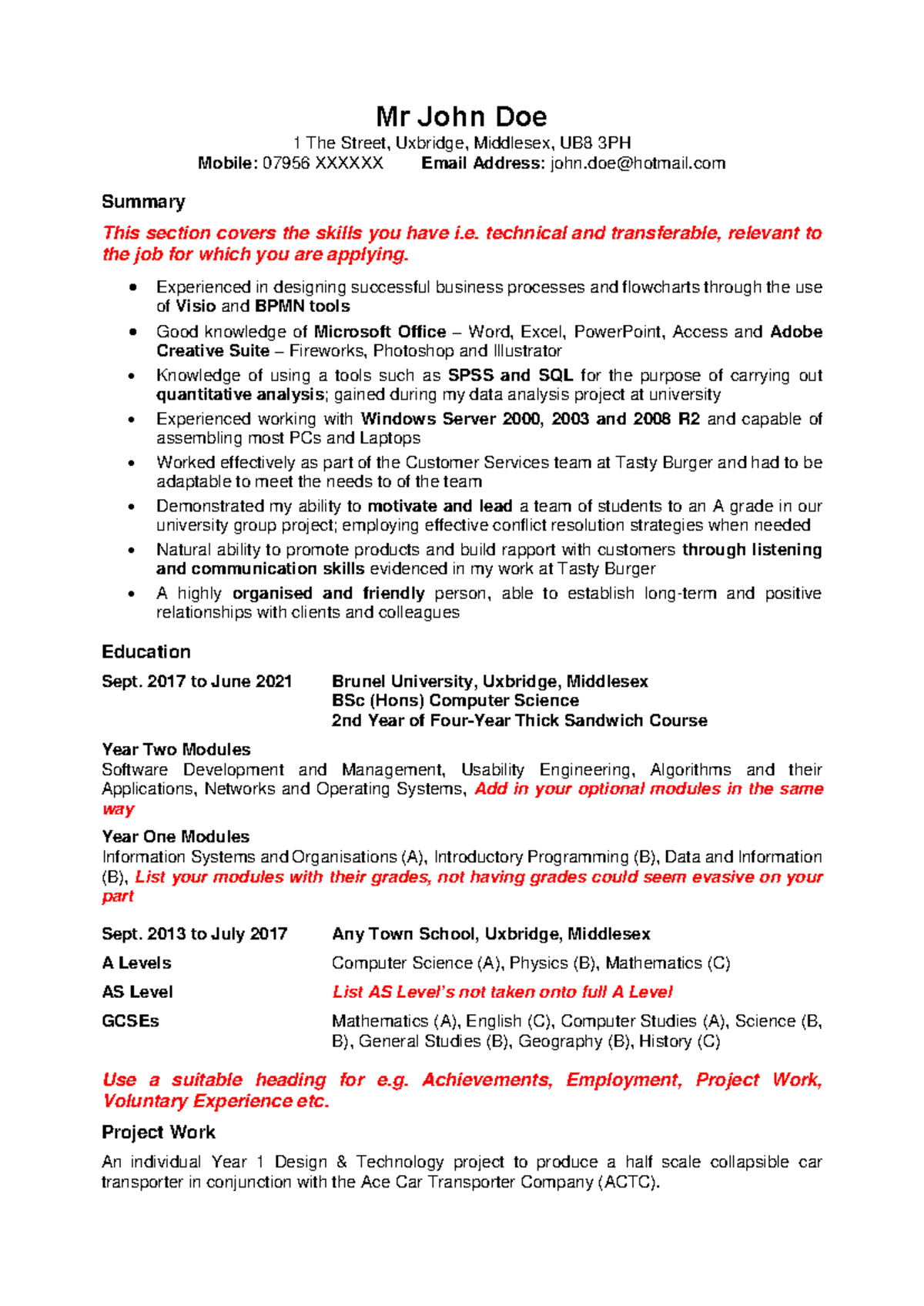 Computing CV Sample Non Technical - Mr John Doe 1 The Street, Uxbridge ...