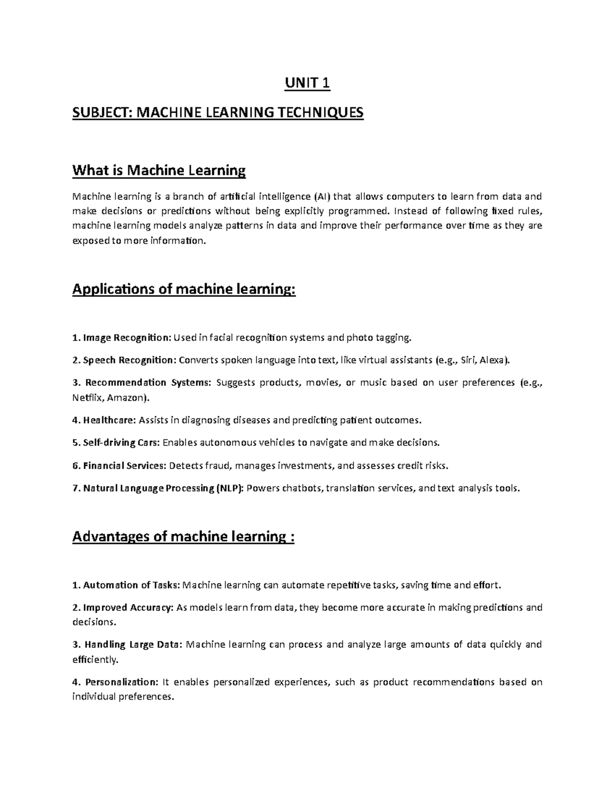 MLT 101: Machine Learning Techniques - Class Notes and Overview - Studocu