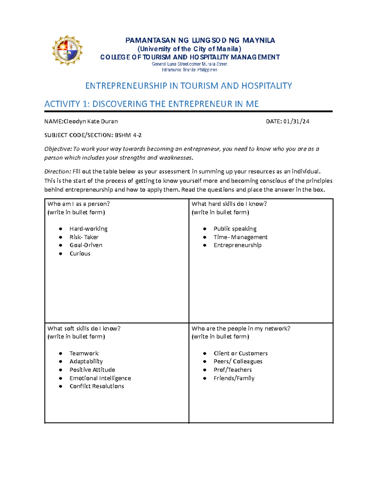 Duran Entrep Activity 1 - ENTREPRENEURSHIP IN TOURISM AND HOSPITALITY ...