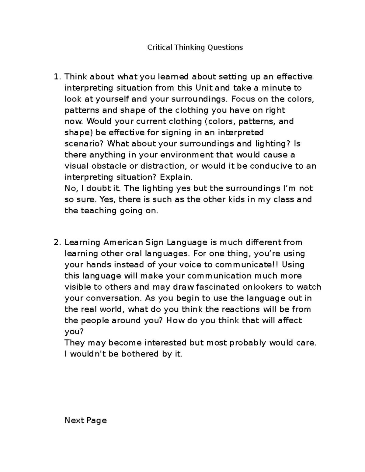 Critical Thinking Questions - Critical Thinking Questions Think about ...