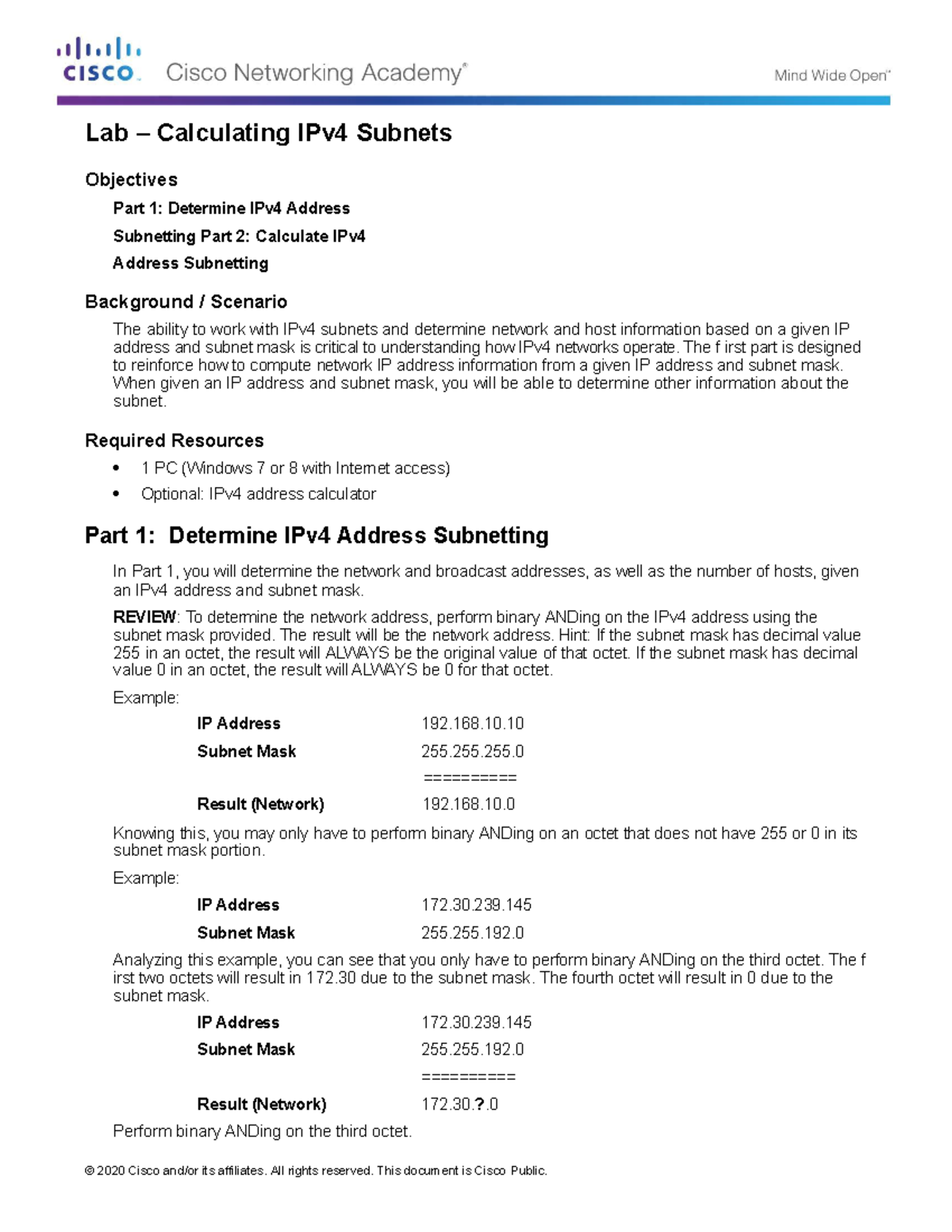 Lab 2.1 - Calculating IPv4 Subnets - © 2020 Cisco and/or its affiliates ...