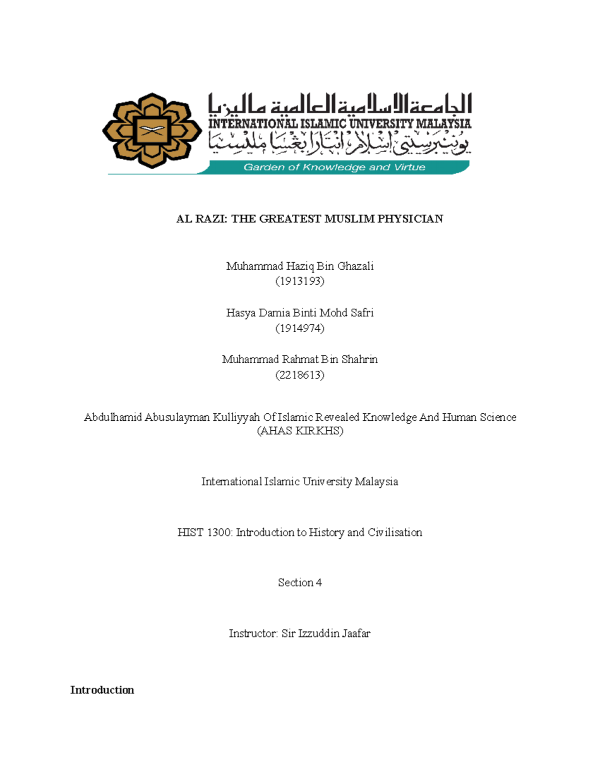 HIST 1300: Al Razi - A Pioneering Muslim Physician's Legacy - Studocu