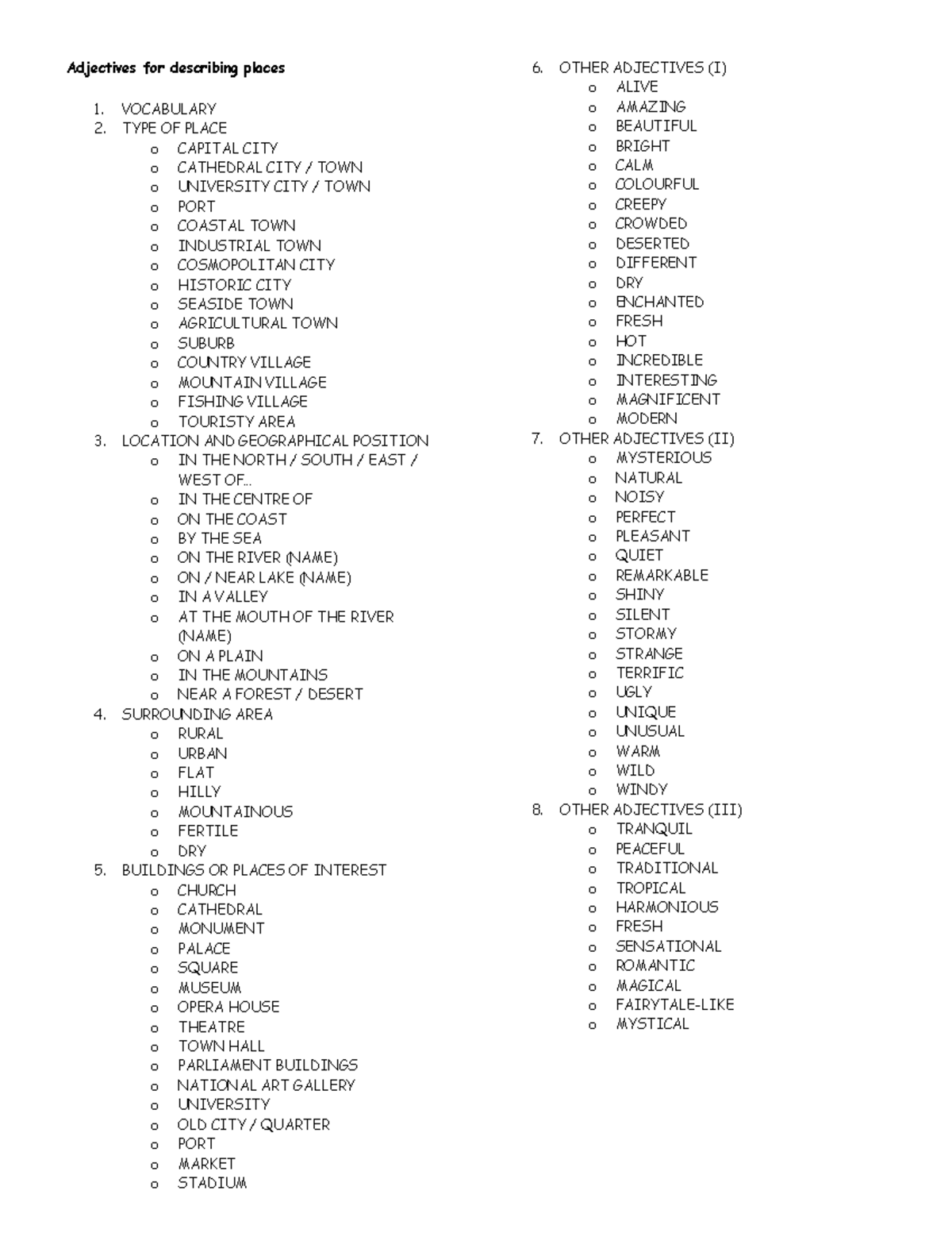 Vocabulary for Describing Places: Adjectives and Types - Studocu