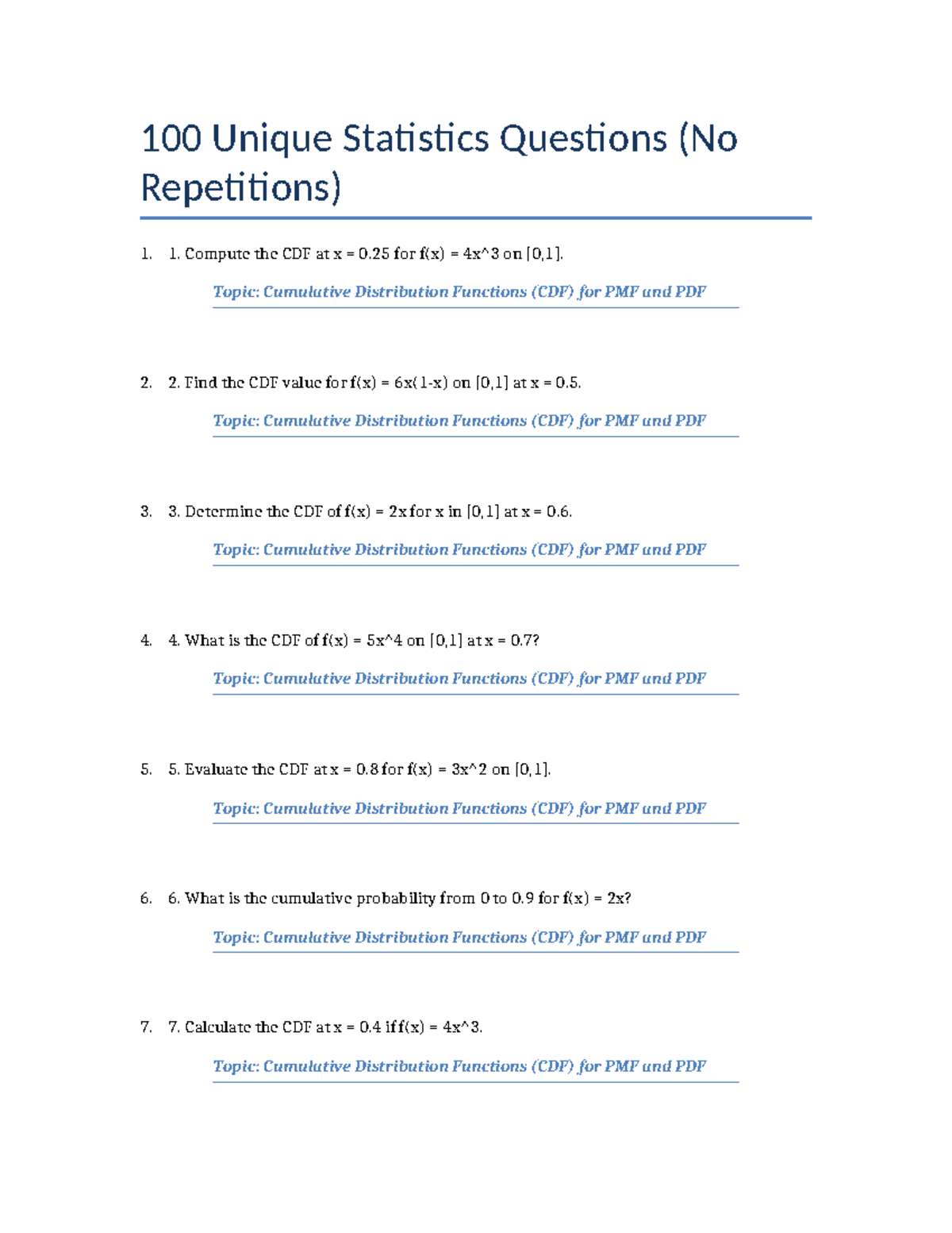 100 Unique Statistics Questions: CDF, Probability, and Distributions ...