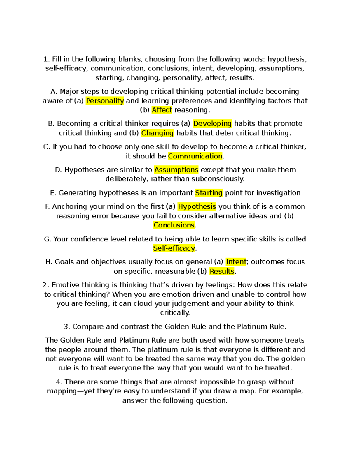Ch 2 critical thinking exercises - Fill in the following blanks ...