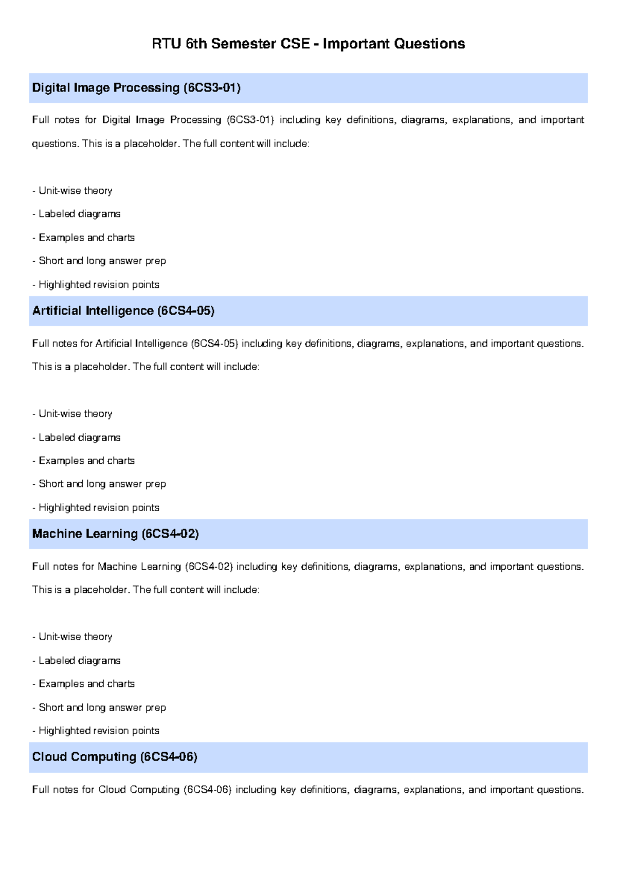 RTU 6th Sem CSE Comprehensive Notes on Key Subjects and Topics - Studocu