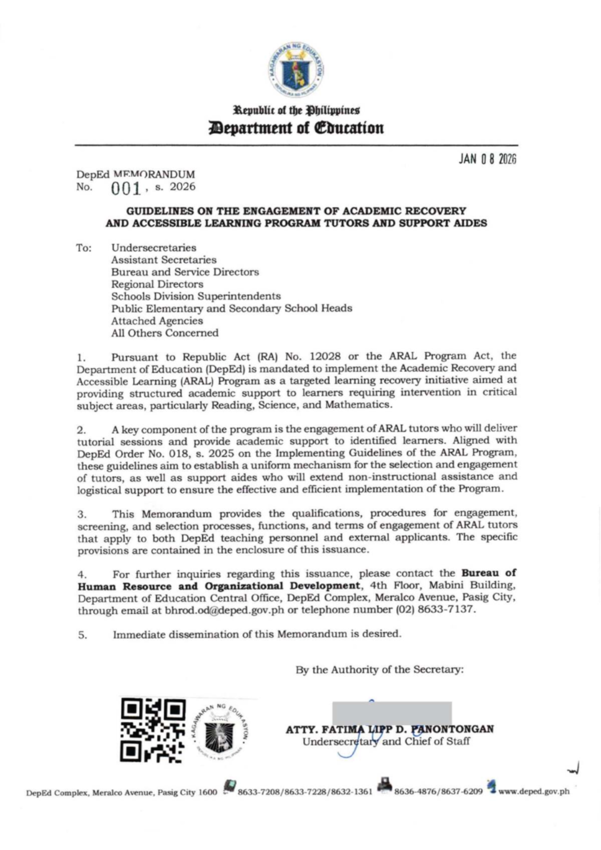 Guidelines for Engaging ARAL Tutors and Support Aides (DepEd Memo No ...