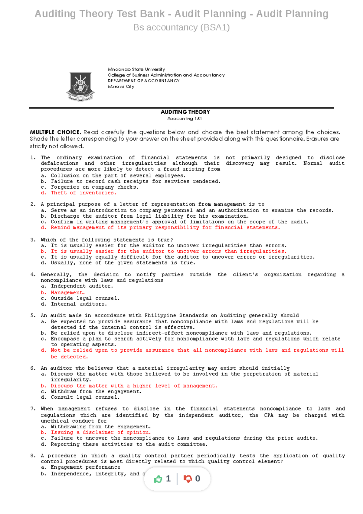 Auditing Theory Test Bank: BSA1 - Audit Planning MCQs - Studocu