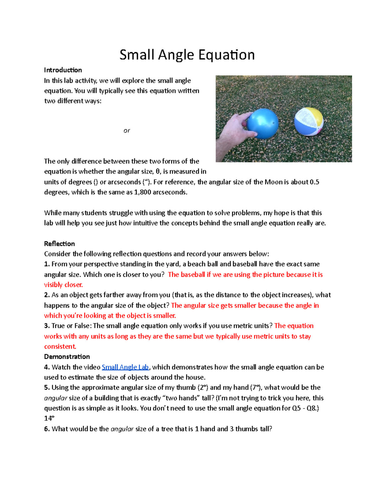 Lab Activity on Small Angle Equation: Exploring Angular Sizes and ...