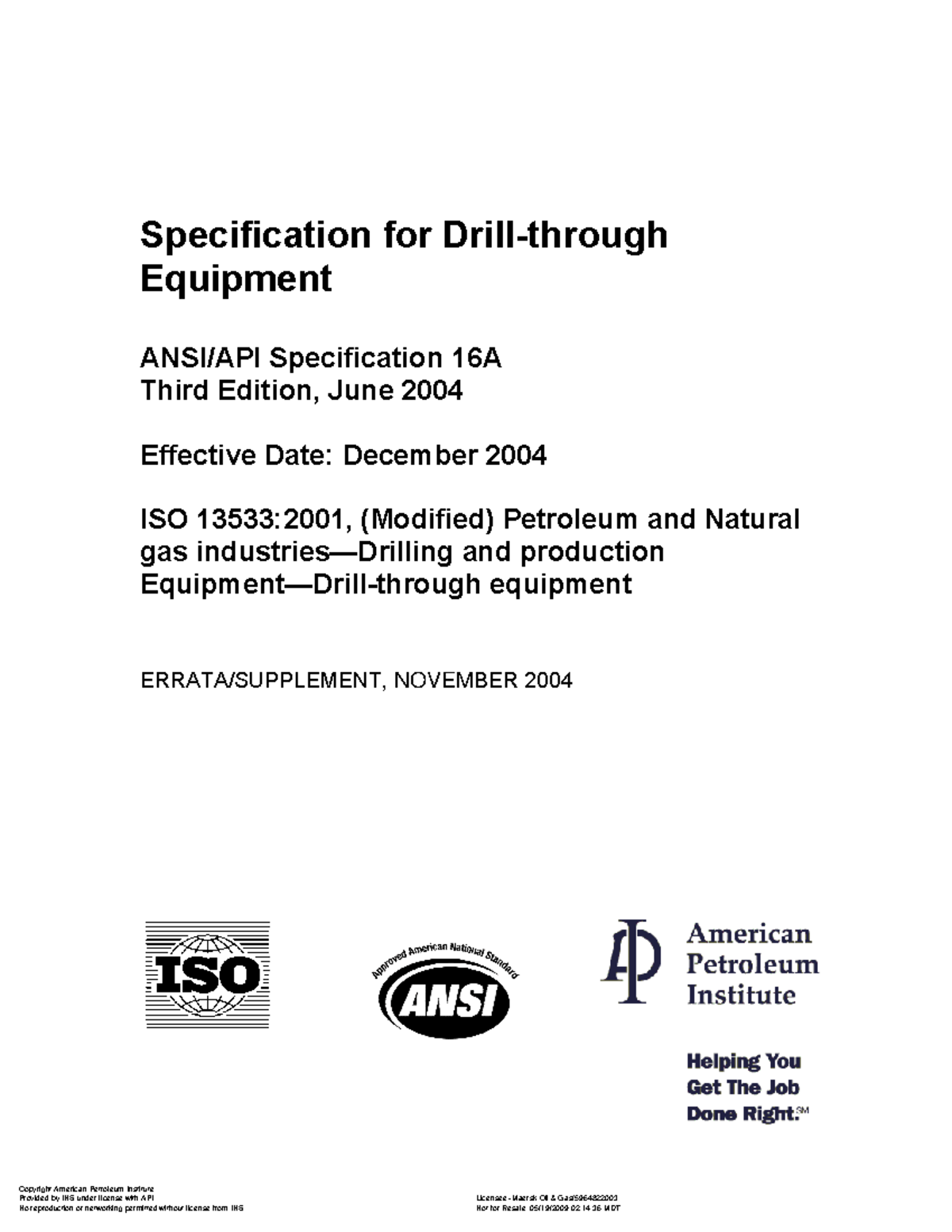 API Specification 16A: Equipment Specification Third Edition (2004 ...