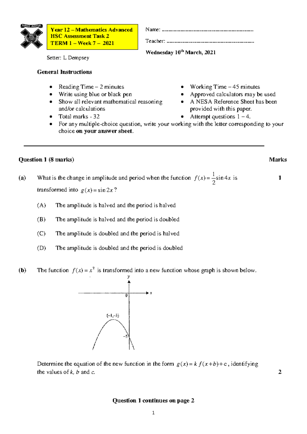2021 Y12 MA HSC Assessment Task 2 - Advanced Mathematics - Studocu