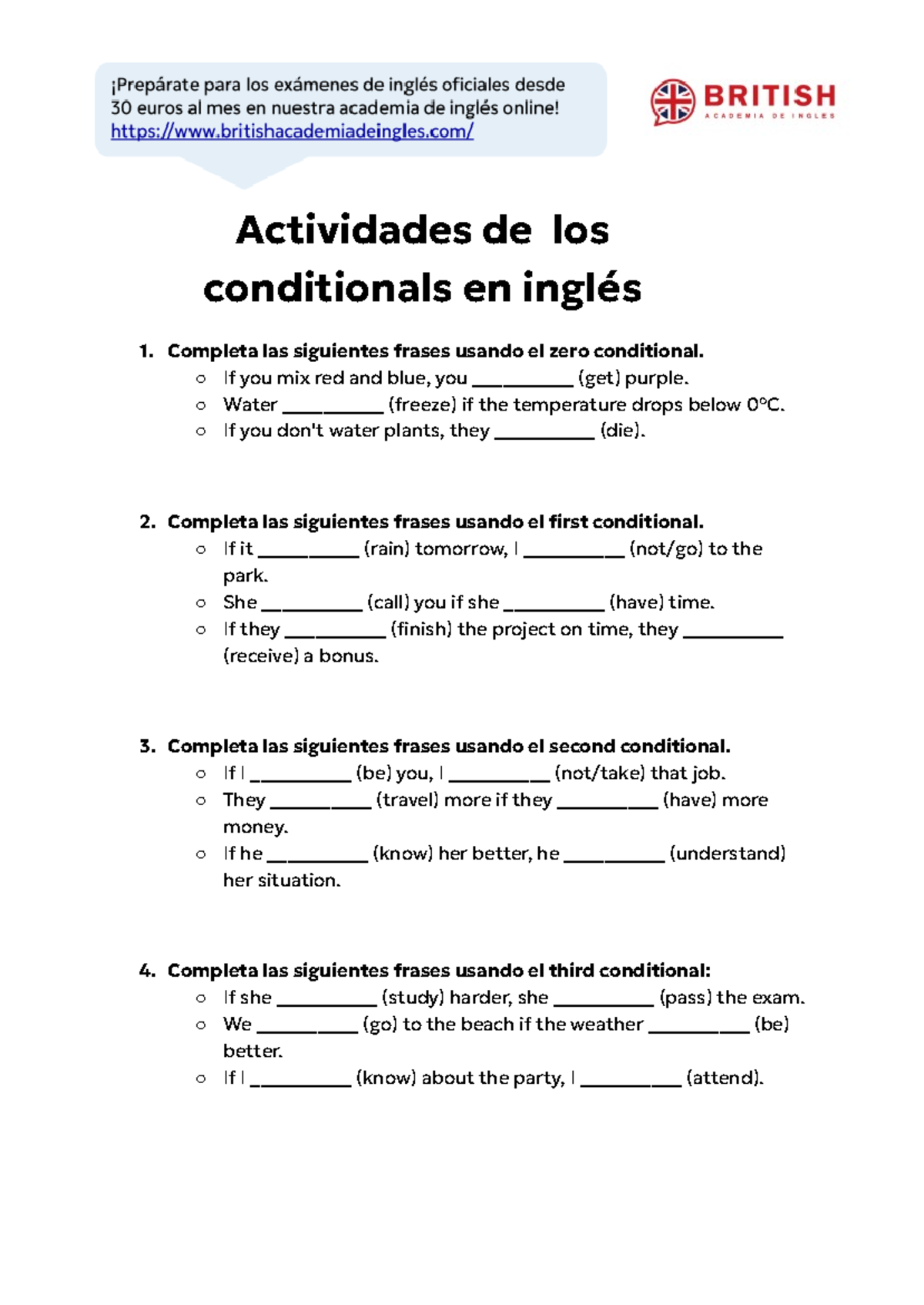 Actividades de Condicionales en Inglés - Ejercicios y Práctica - Studocu