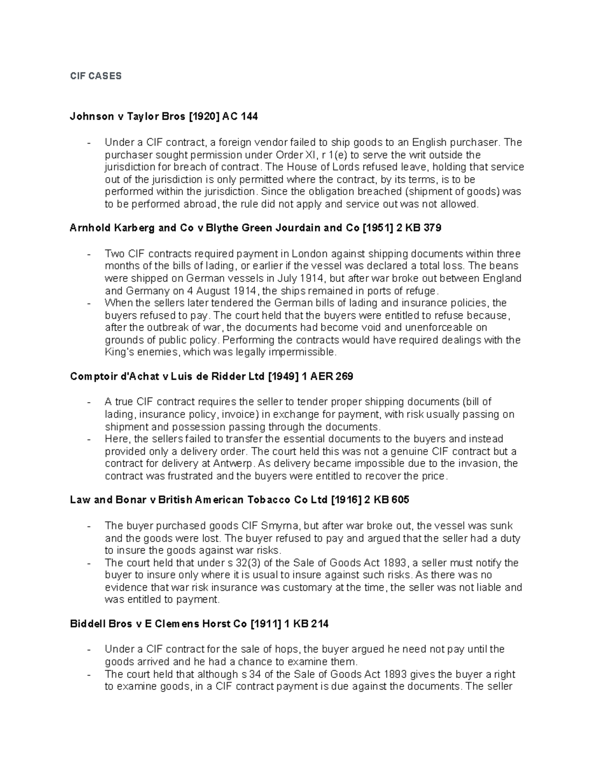 CIF Cases: Key Legal Principles and Case Summaries - Studocu