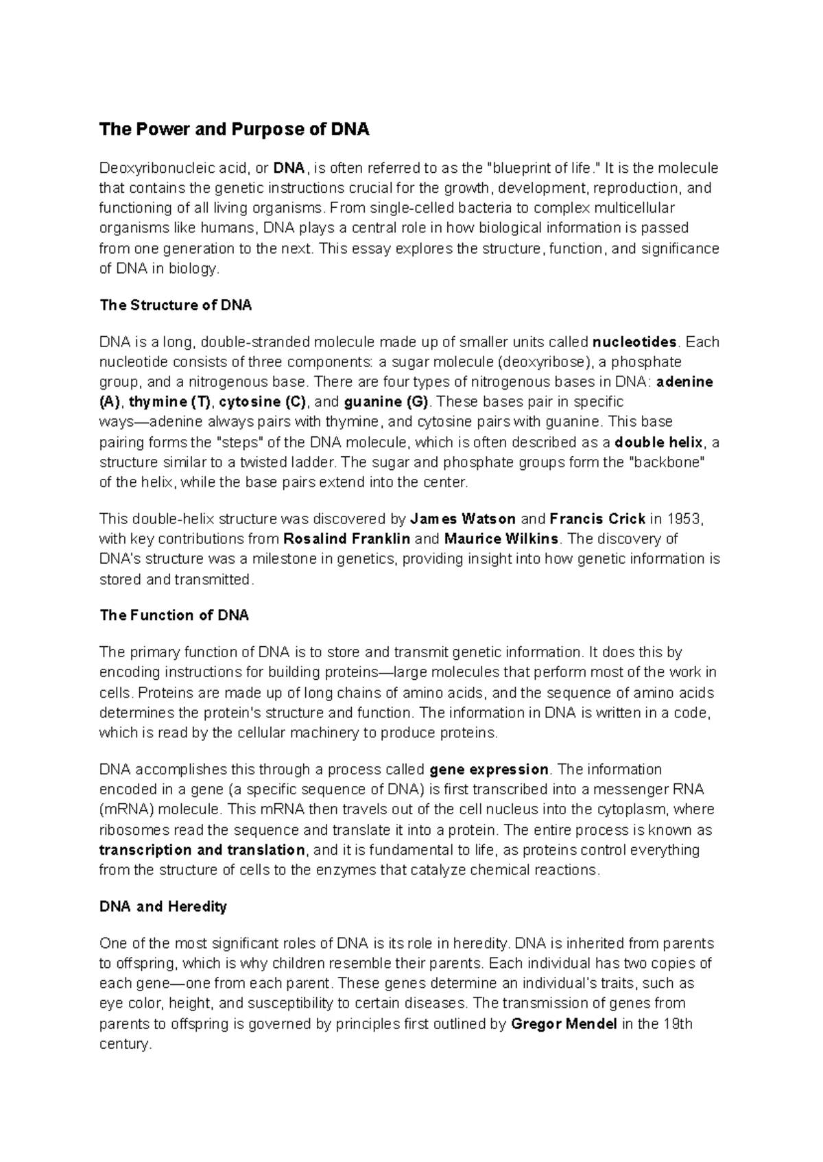 DNA: Structure, Function, and Heredity - Essay Notes - Studocu