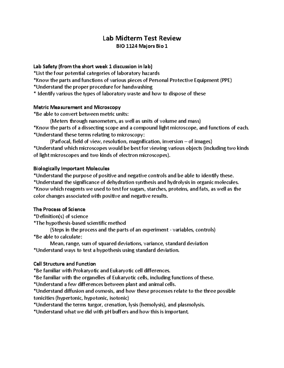Lab Midterm Test Review for BIO 1124 - Majors Biology 1 - Studocu