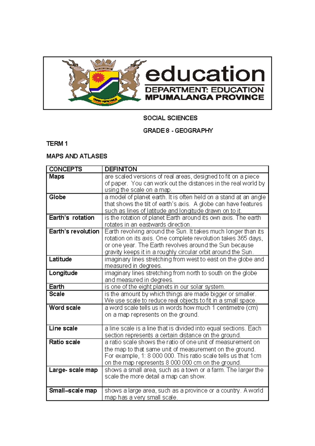 Grade 8 geography term 1: Maps and atlases concepts overview - Studocu