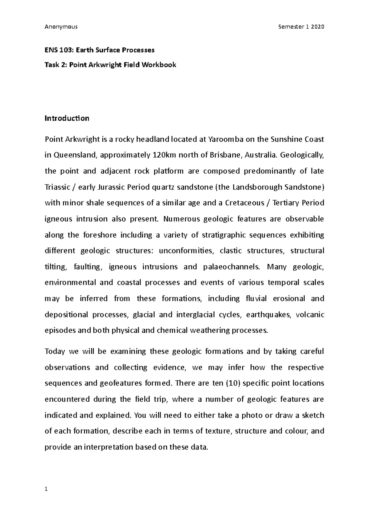 ENS103 Task 2: Point Arkwright Field Workbook Analysis - Studocu