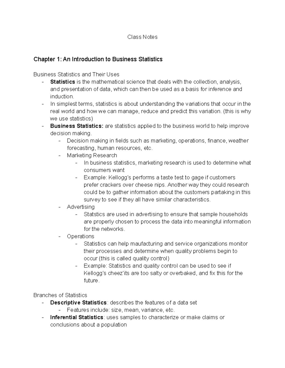 ECON205 Lecture Notes: Intro to Business Statistics - Studocu