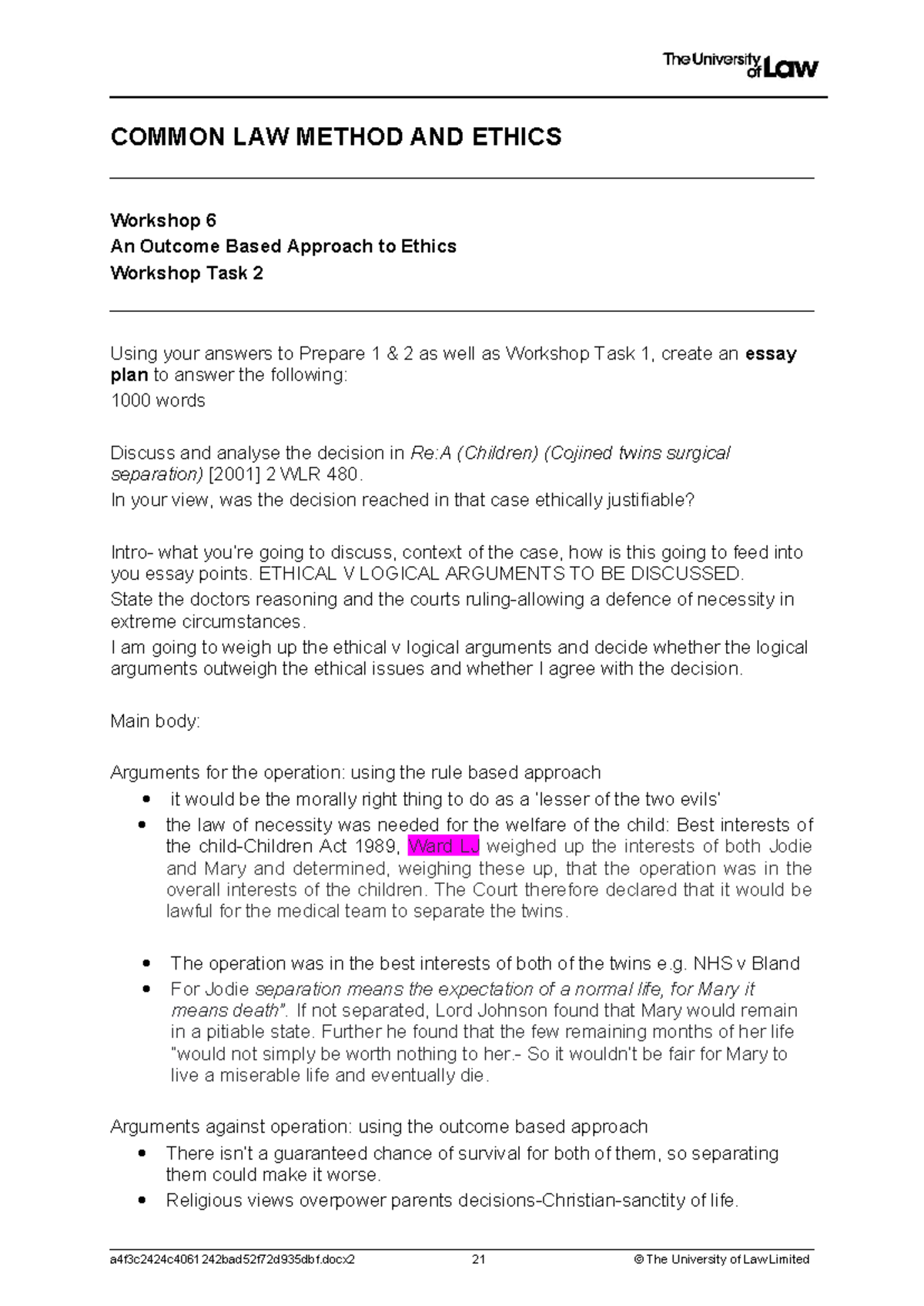 COMMON LAW METHOD AND ETHICS: Workshop 6 Essay Plan on Re:A Case - Studocu