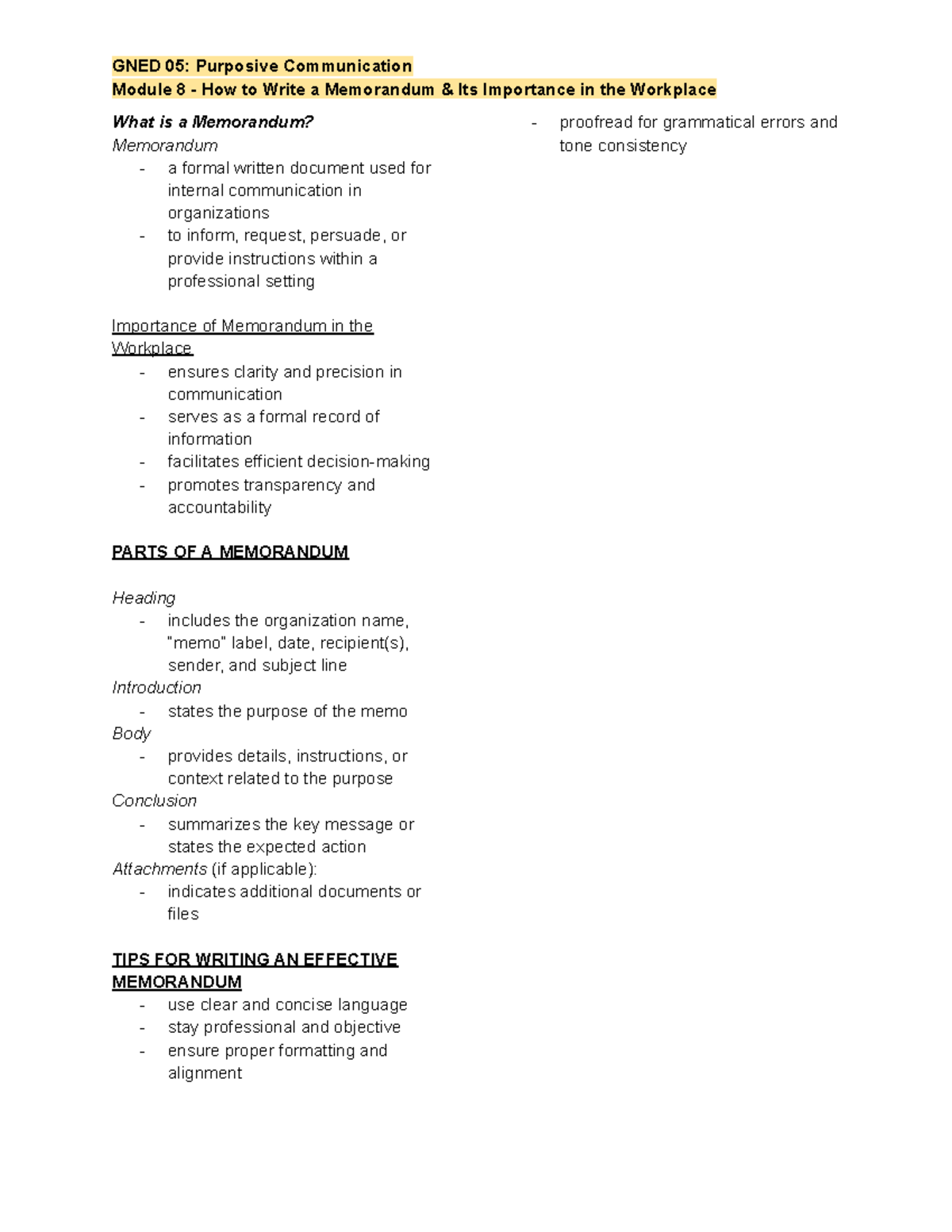 GNED 05: Purposive Communication - Module 8 Memorandum Writing Guide ...