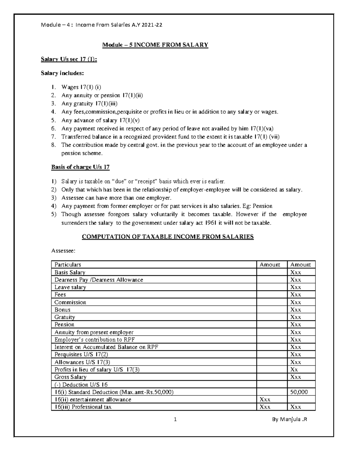 Module -5-Income from Salaries A - Module – 5 INCOME FROM SALARY Salary ...