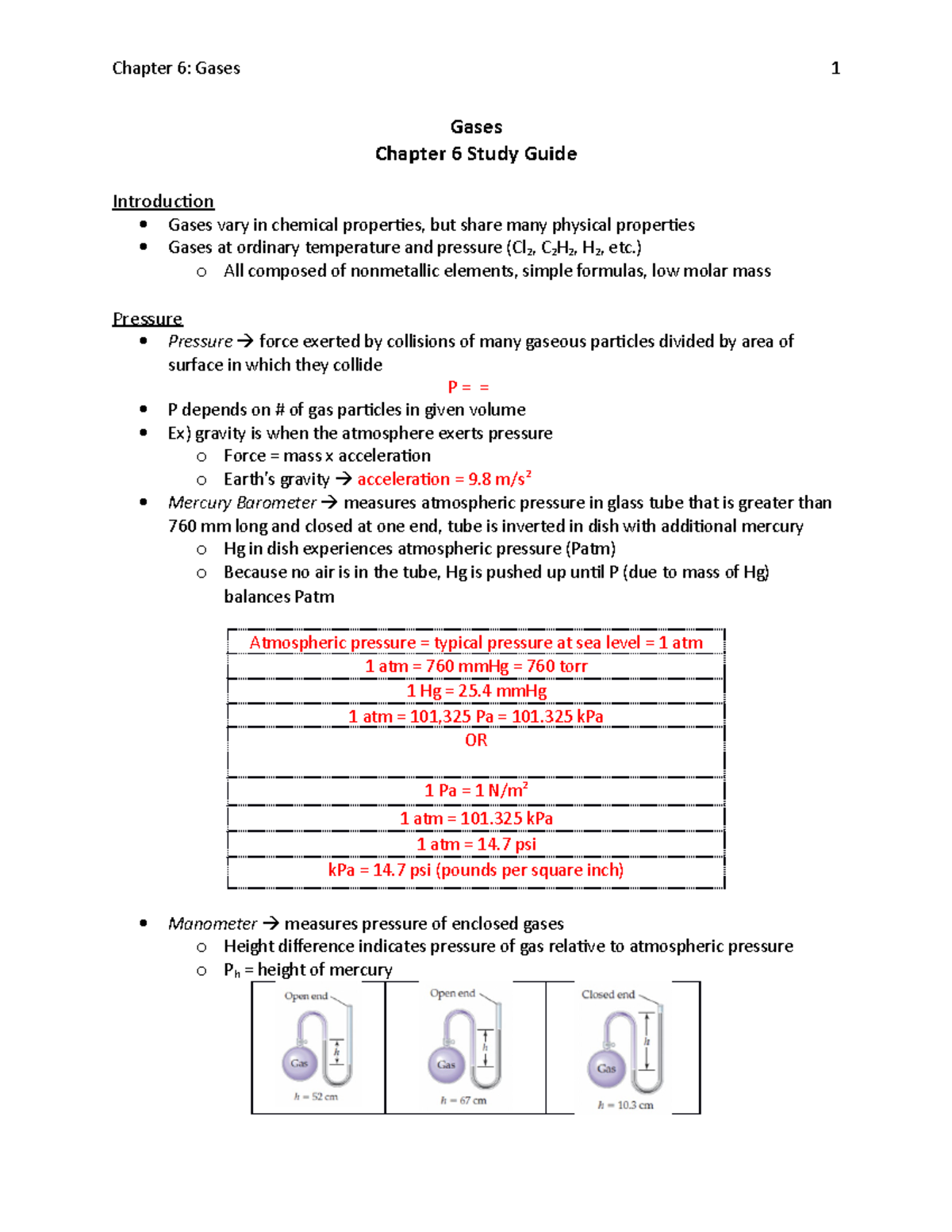 Gen Chem I - Ch 6 Gases Study Guide and Key Concepts - Studocu