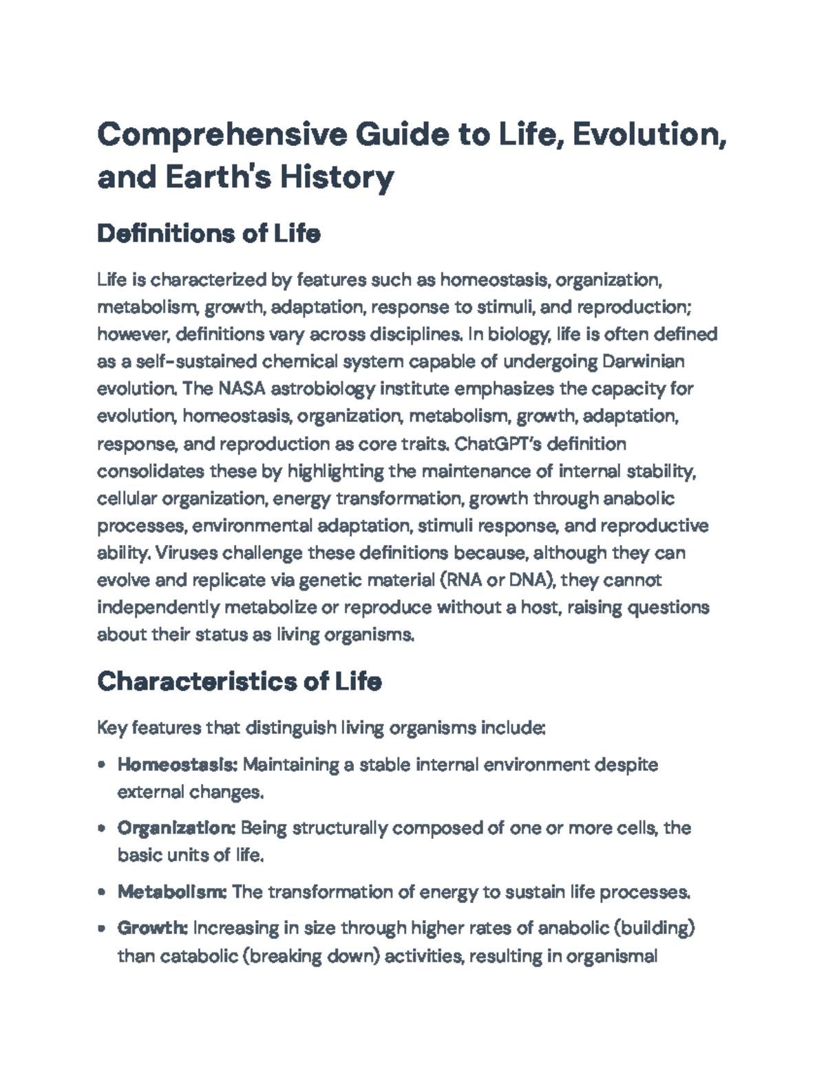 Comprehensive Overview of Life, Evolution, and Earth's History (BIO 101 ...