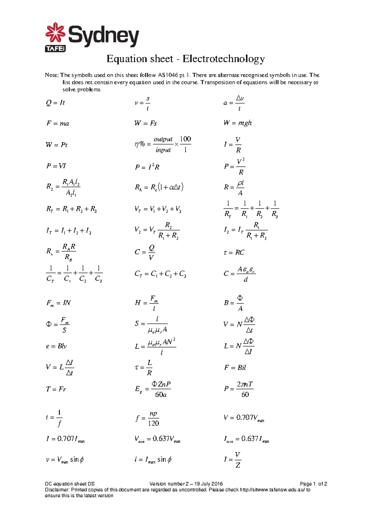 Electrotechnology Equation Sheet AS1046 Pt 1 - Key Symbols & Formulas ...